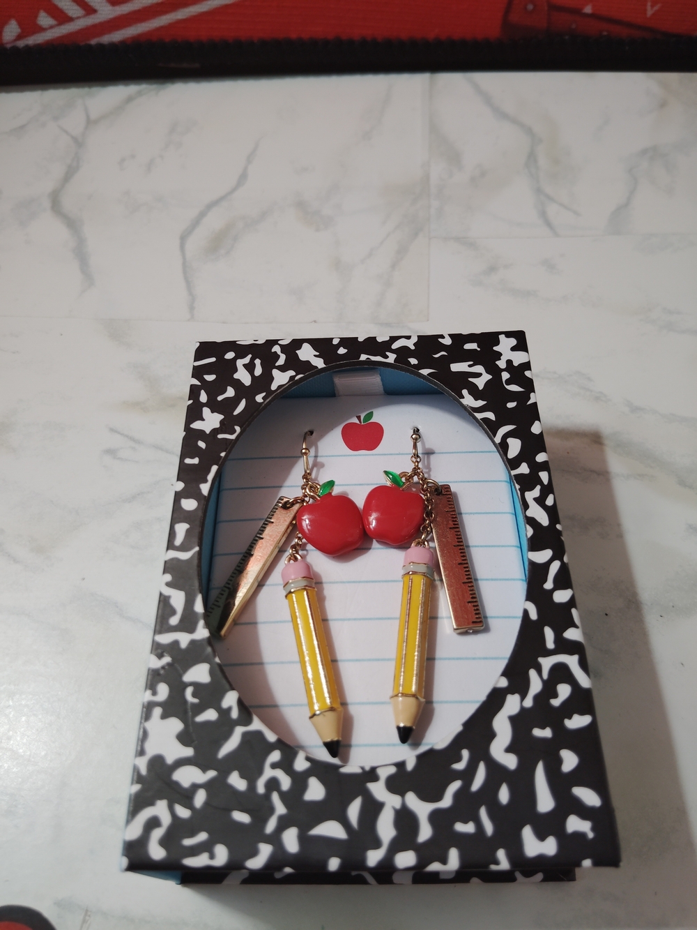 Cute Apple & Pencil School Charm Earrings - Red, Yellow, Gold